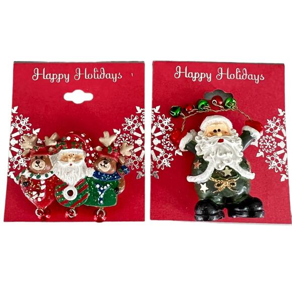 Set of 2 Santa Claus Christmas Brooch Pins Jingle Bell Holiday Jewelry NWT - Picture 1 of 4